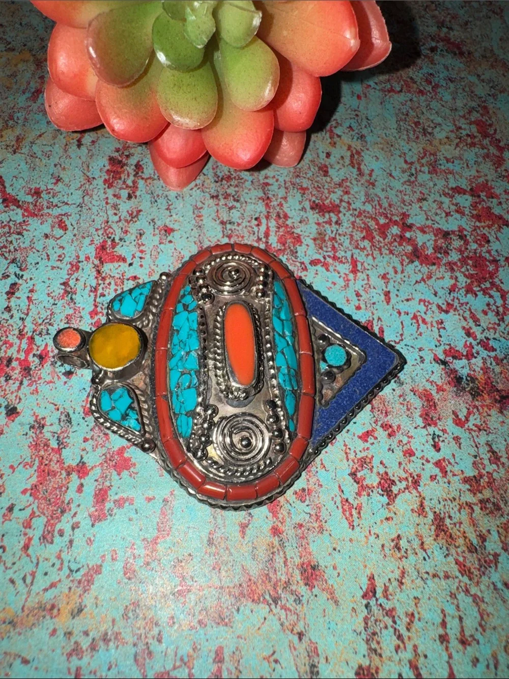 Tibetan Turquoise & Coral Pendant